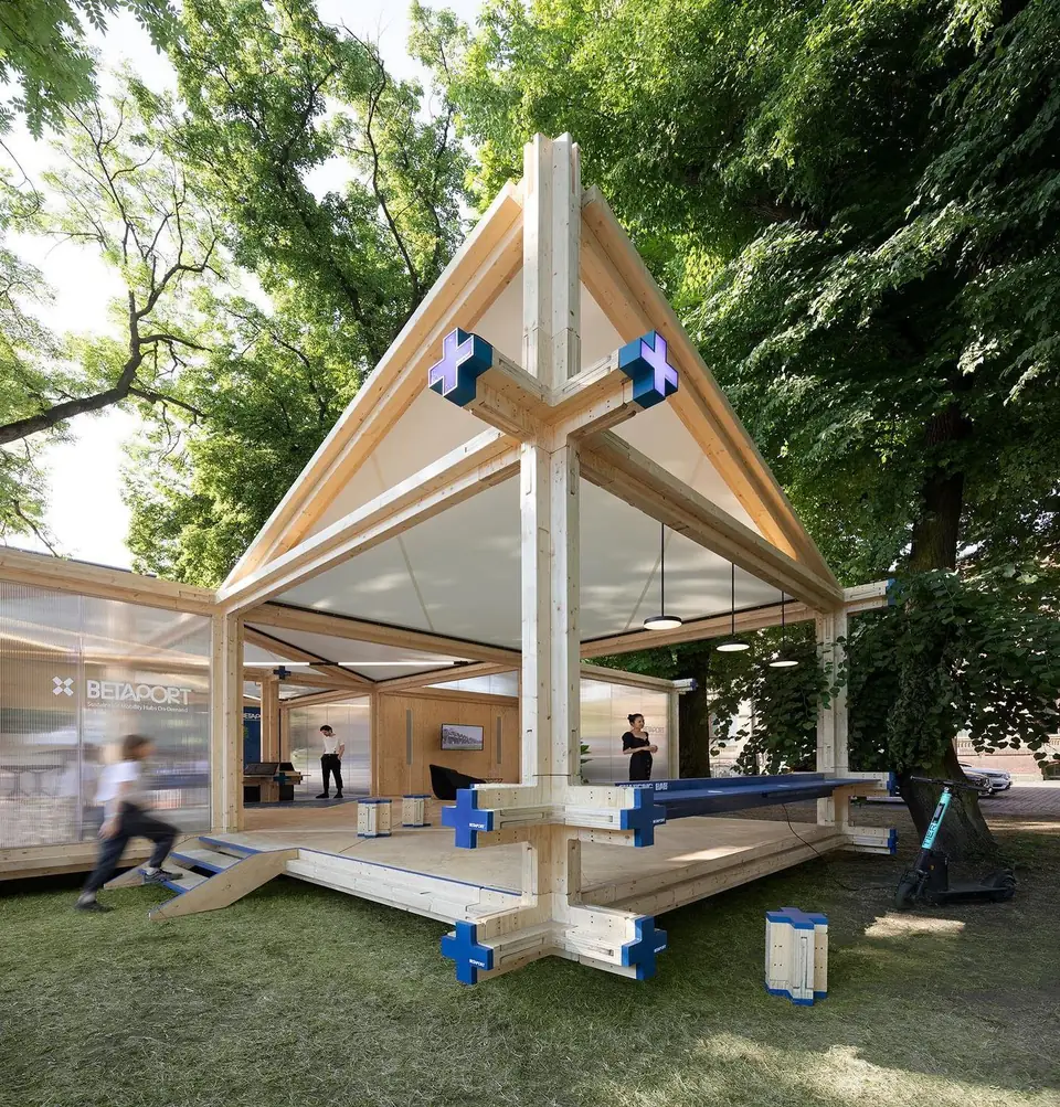 A timber pavilion among the trees