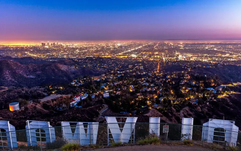 Los Angeles at dusk, from above the Hollywood sign