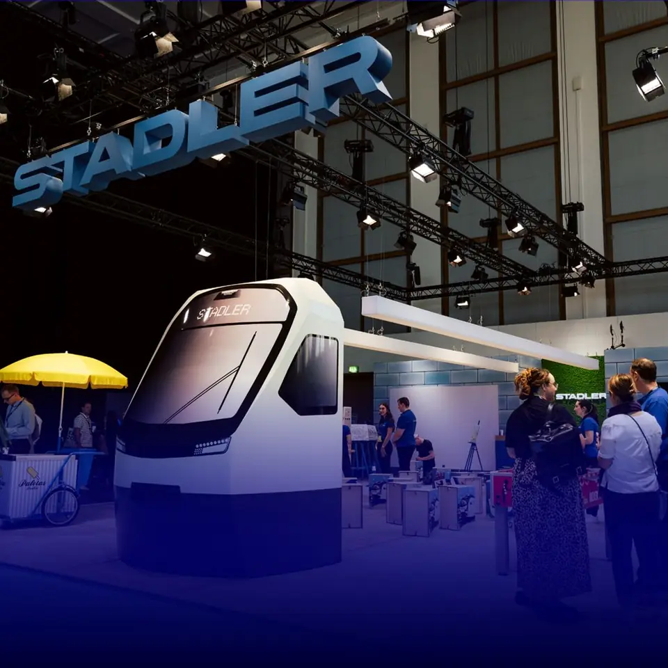 A train on the Stadler stand