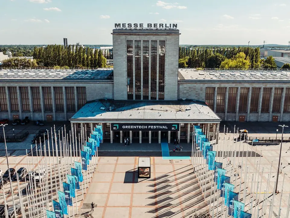 The Messe Berlin entrance under festival banners